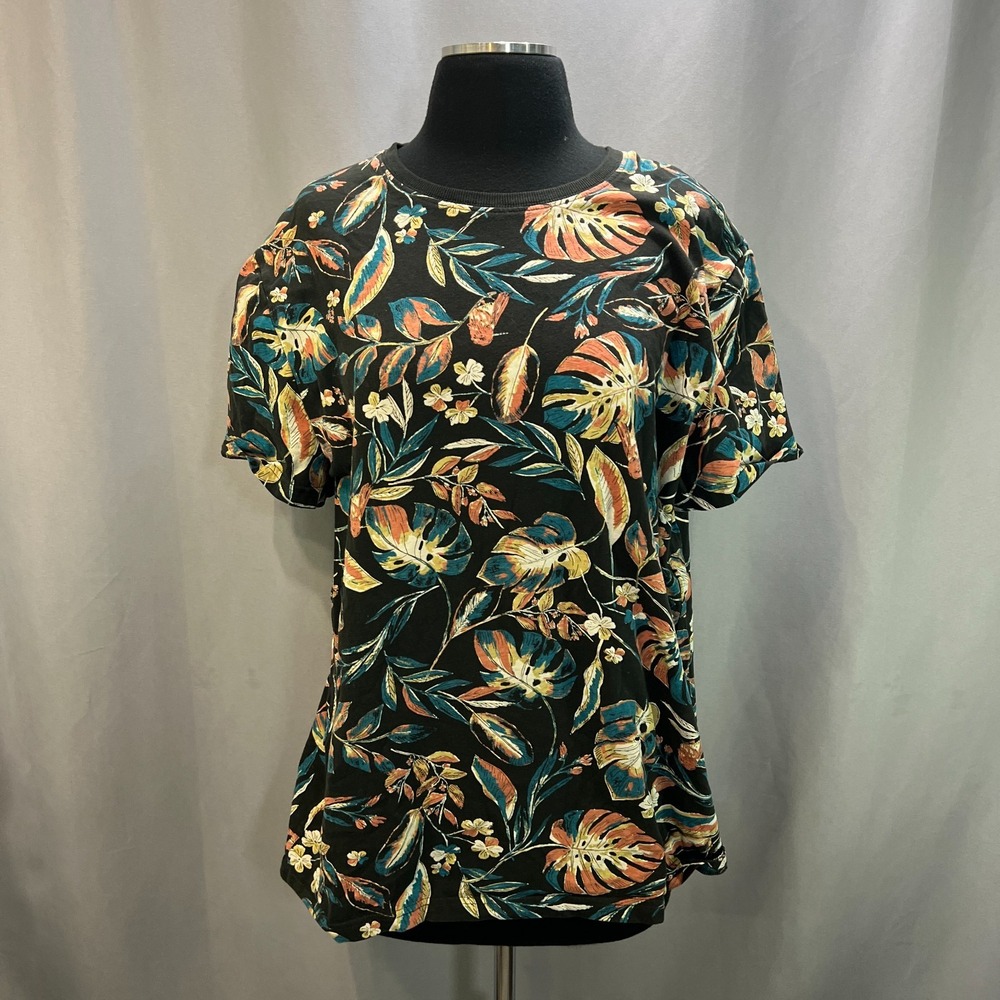Superdry T Shirt Womens 2XL Black Tropical All Over Print Crew Neck Short Sleeve